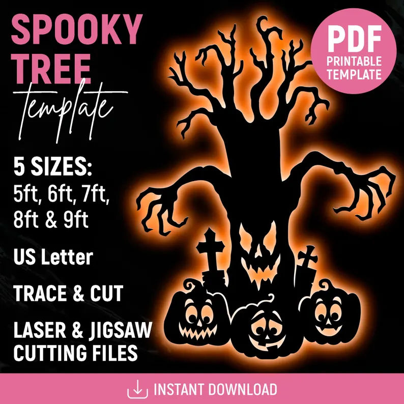 A picture showing the digital template you can get to help you make a spooky tree for your yard.